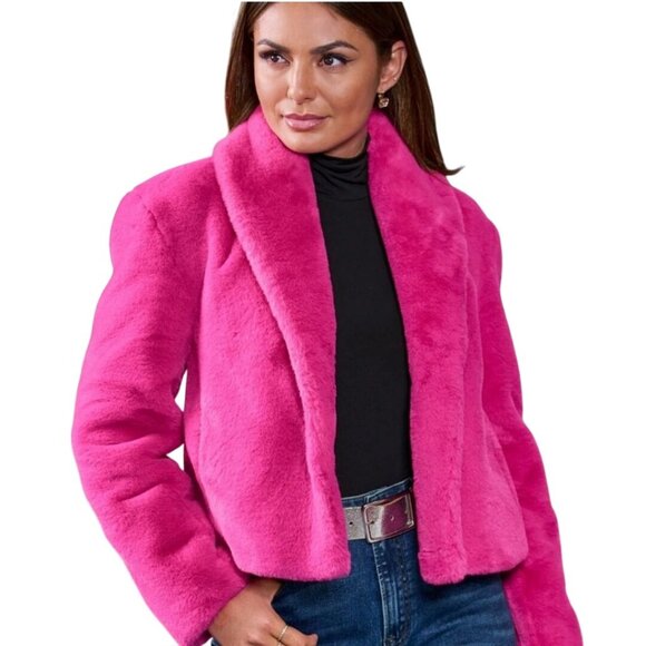 Boston Proper Shawl Collar Versatile Faux Fur Chubby Pink Peacock Jacket Size L - Picture 1 of 10